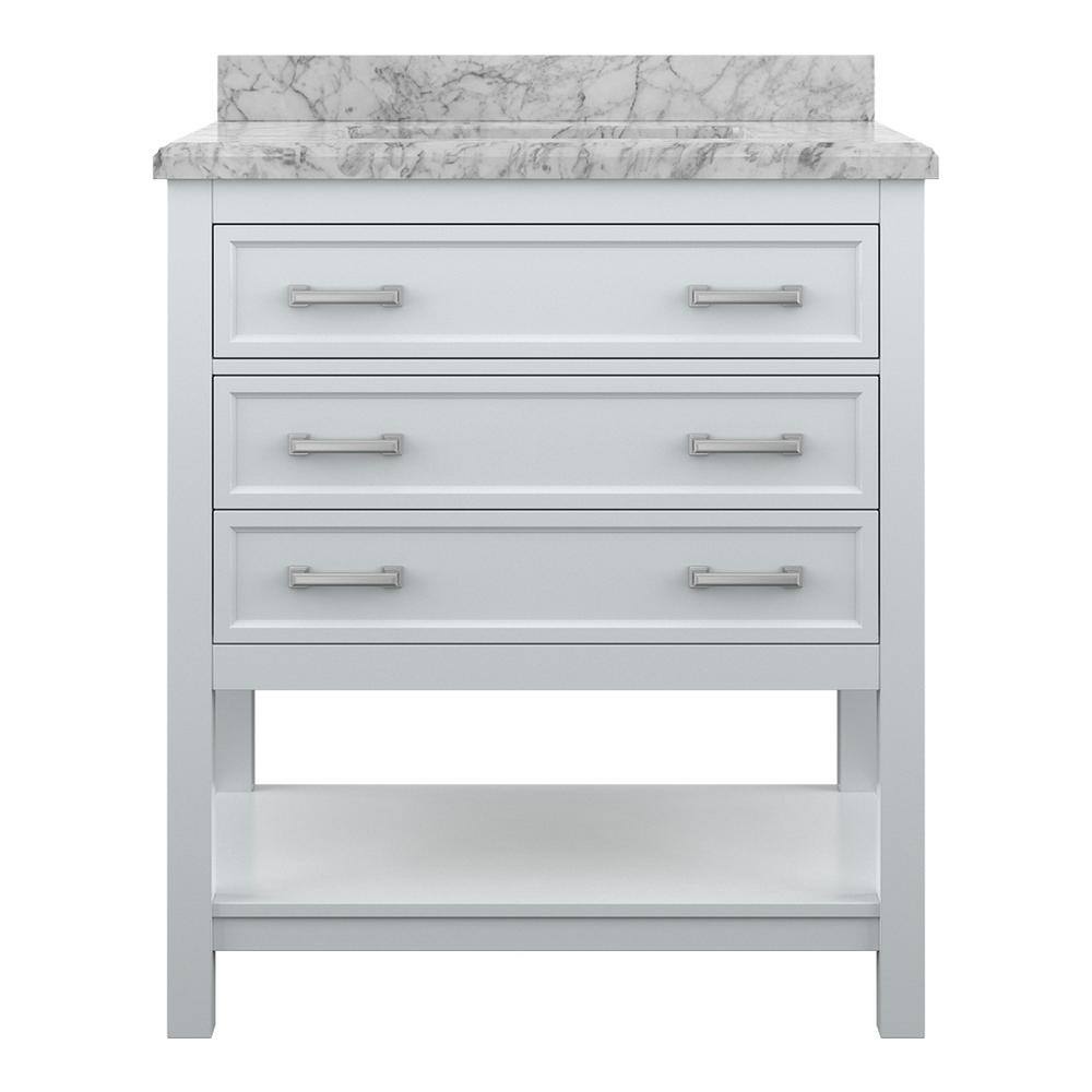 31" Modern Bathroom Vanity in White with Carrara White Marble Countertop