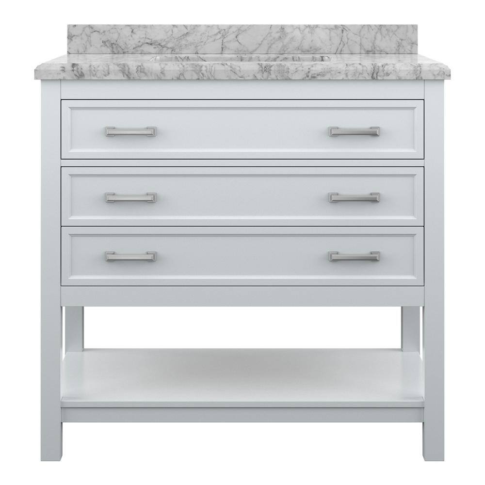 37" Modern Bathroom Vanity in White with Carrara White Marble Countertop