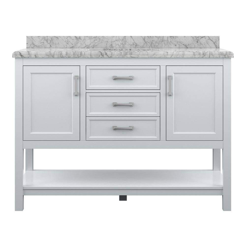 49" Modern Bathroom Vanity in White with Carrara White Marble Countertop