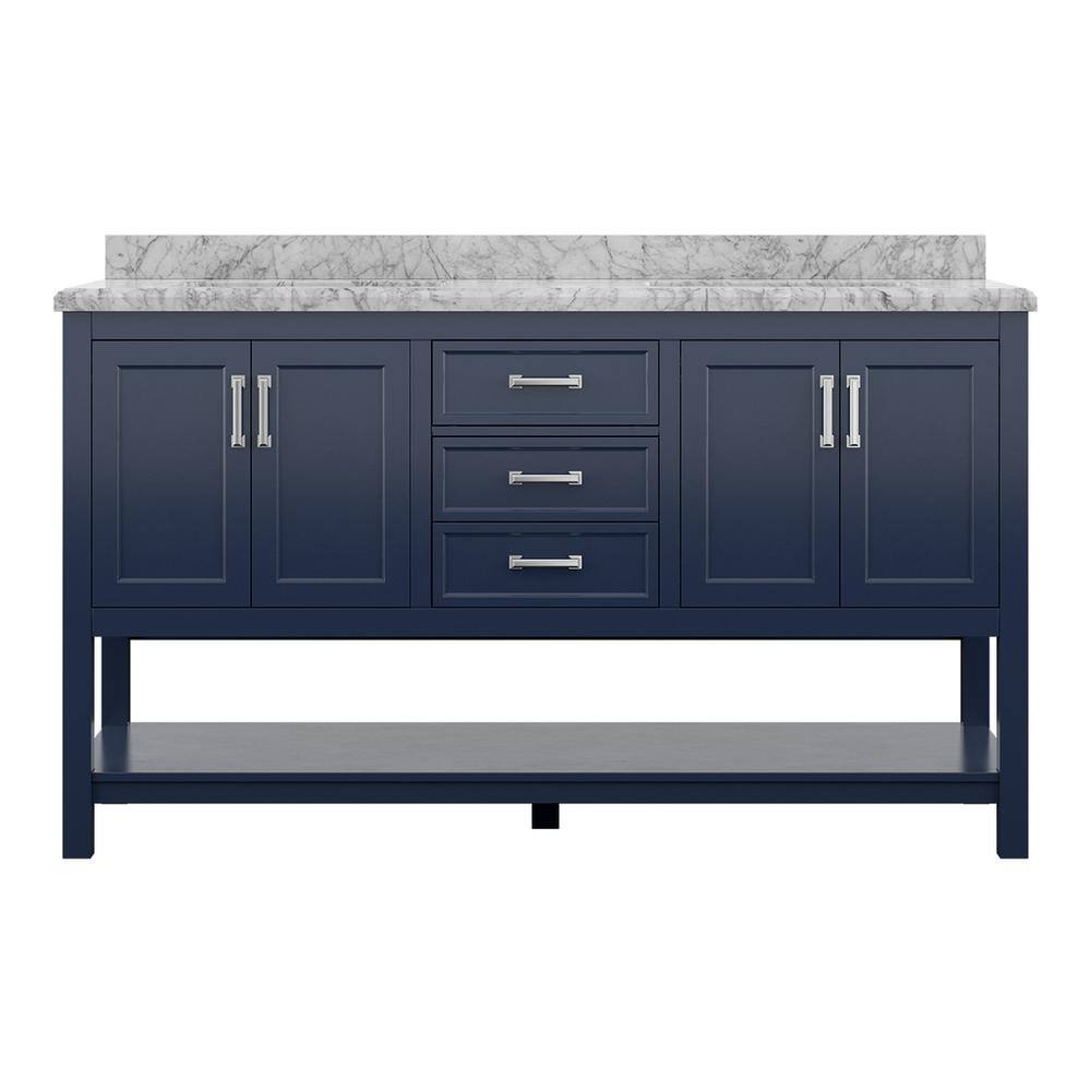 61" Modern Bathroom Vanity in Blue with Carrara White Marble Countertop