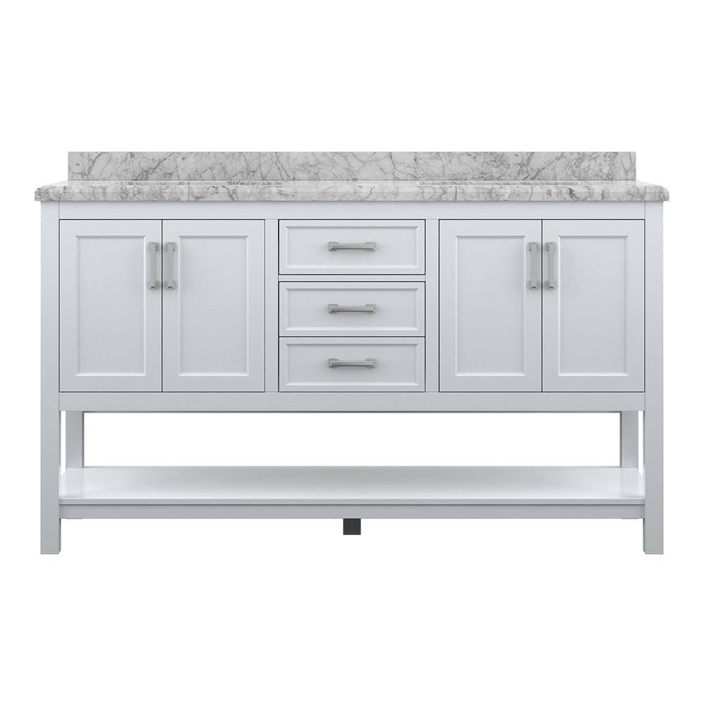 61" Modern Bathroom Vanity in White with Carrara White Marble Countertop