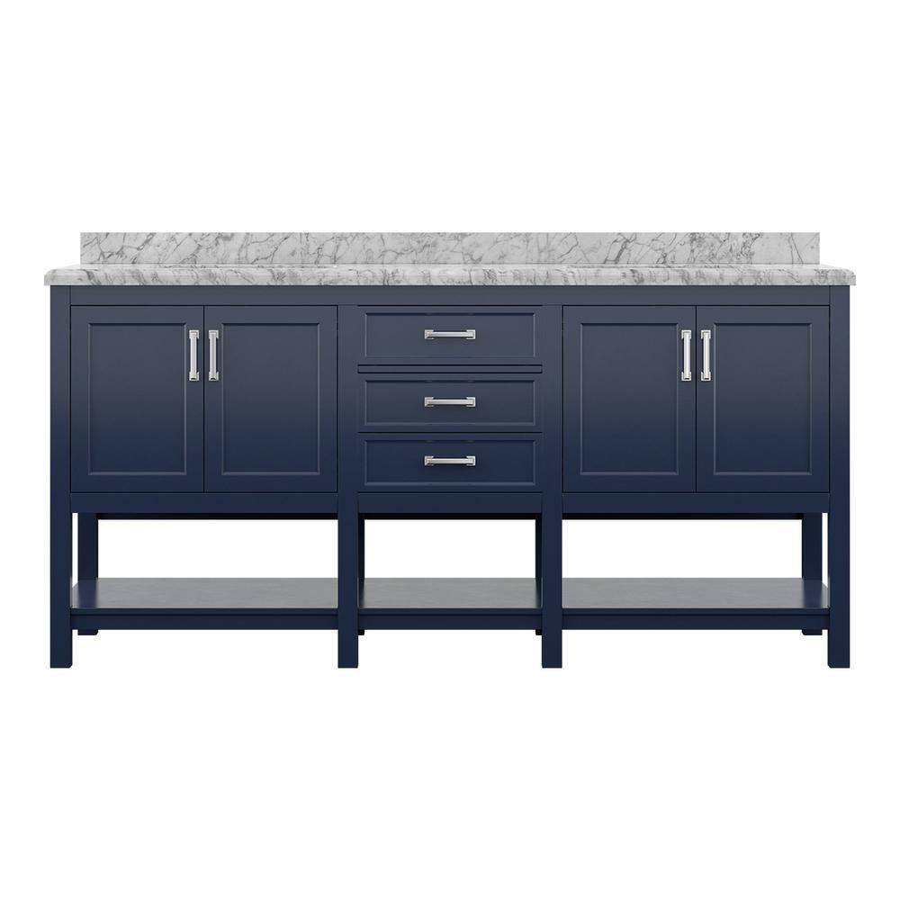 72" Modern Bathroom Vanity in Blue with Carrara White Marble Countertop