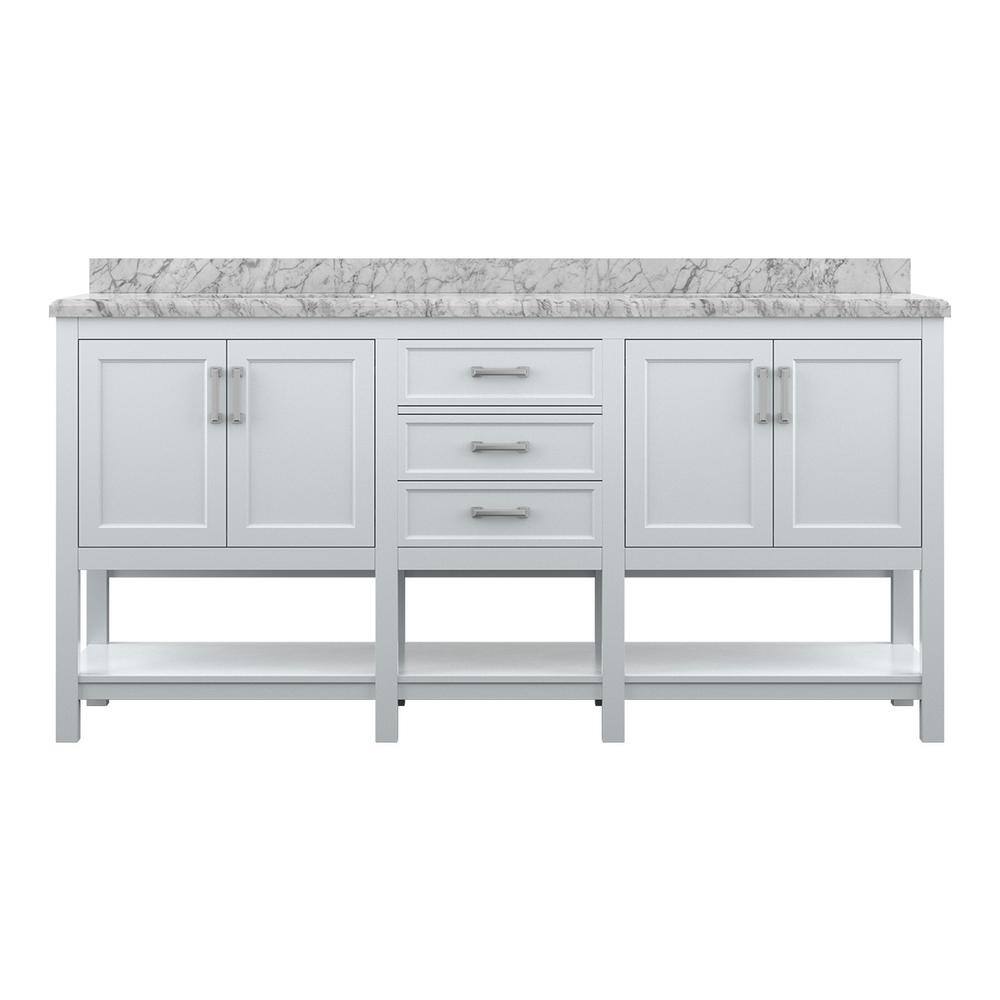 72" Modern Bathroom Vanity in White with Carrara White Marble Countertop